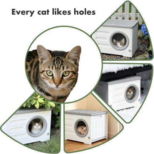 Outdoor Feral Cat House Weatherproof with Cushion (Grey and White) | Heavy-duty Plastic,Elevated Stackable Structure,Insulated Outdoor Cat Shelter,All-season Indoor Use,Ideal for Yard,Porch Barn