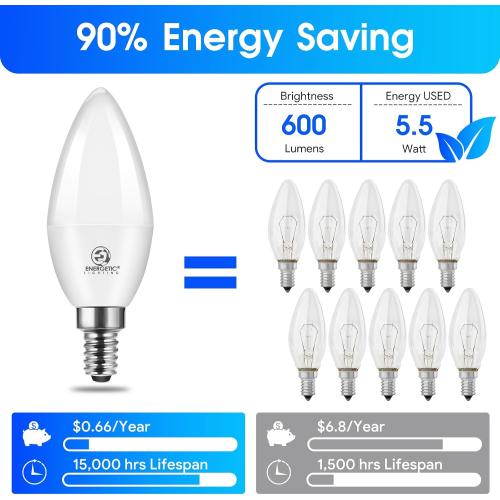 Energetic E12 LED Candelabra Light Bulbs 5.5W (60 Watt Equivalent), 2700K Soft White, 600LM Chandelier Light Bulbs, B11 Candle Bulbs for Ceiling Fan, CA 80 Recessed Can Light, Non-Dimmable, Pack of 6