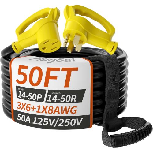 50 FT 50 Amp RV/EV Extension Cord Outdoor with Grip Handle, 4 Prong Flexible Heavy Duty 6/3 8/1 Gauge STW RV Power Cord Waterproof, NEMA 14-50P to 14-50R, Black-Yellow, ETL Listed