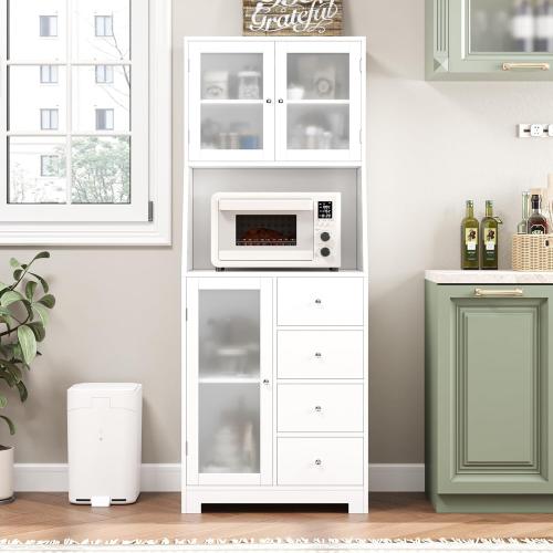 Color White  Size 64.2H Kitchen Pantry with Microwave Shelf, Cabinets and 4 Drawers, White