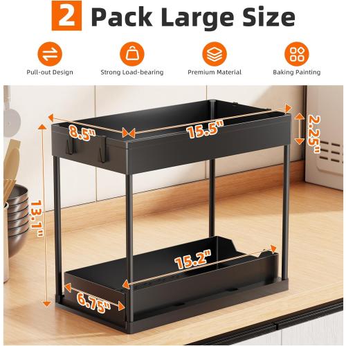 Simple Trending Under Sink Organizer 2 Pack, Sink Pull-Out Sliding Storage Cabinet, 2-Tier Under Shelf Organizer for Kitchen Bathroom, Black