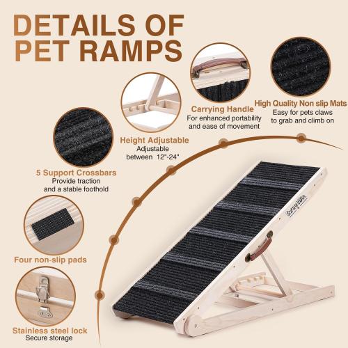 Dog Ramp for Bed - Foldable Small to Large Dog Ramp for Couch - 6 Adjustable Height from 12 to 24 - Stairs with High Traction Mat - Wooden Portable Ramp for Dogs to Get on Bed Couch Car Up to 200LBS