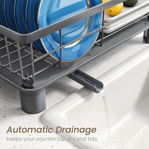 SNTD Dish Drying Rack - Small Dish Rack for Kitchen Counter, Stainless Steel Dish Drainer with Utensil Holder and Drainboard, 11 W x 15 L (Grey)