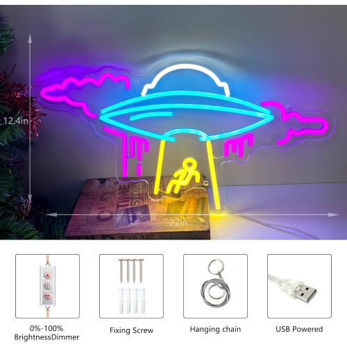 22-Inch Large UFO Neon Sign For Wall Decor, Dimmable Spaceship Neon Light, USB Powered Spaceship decor For sci-fi Fans Space-Themed Bar Restaurant Event Party Game Room Decoration, for Man's Gift