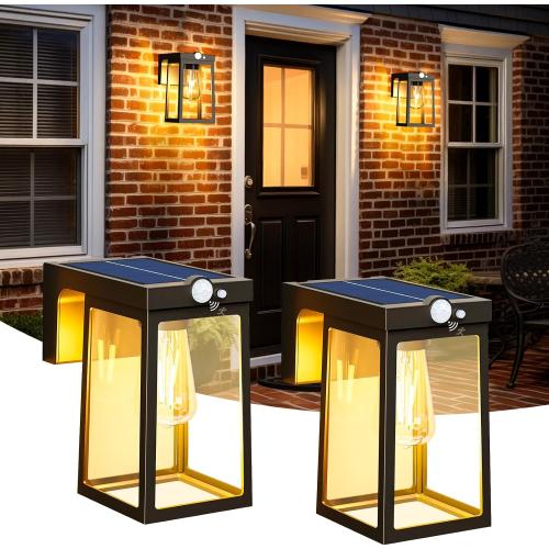 2 Pack Solar Porch Lights Outdoor with Motion Sensor, Dusk to Dawn Exterior Wall Lighting Fixtures Waterproof, LED Patio Lights Wall Sconce Outside Anti-Rust for Garage Frontdoor House, Black