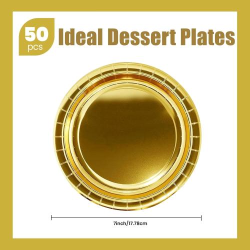 50pcs Gold Disposable Paper Dessert Plates, 7Inch Gold Camping Plates Birthday Party Tableware Supplies Party Plates for Dinner, Holiday, Picnic, Birthday, Wedding Parties