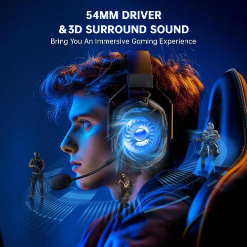 Black RYR Wireless Gaming Headset for Xbox Series X|S, Xbox One, PC, PS4/5, Mac, Switch, Mobile, 3D Surround Sound, Bluetooth 5.3, 60H Battery, Gaming Headphones with Detachable Noise Canceling Mic-Black