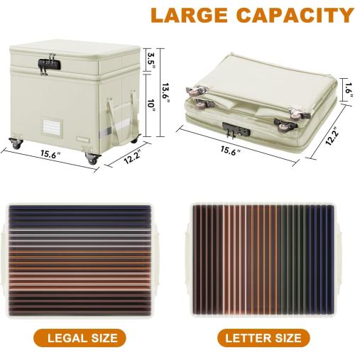 Beige,16''x13.8''x12.2 DocSafe Fireproof Document Box with Lock,2-Layer File Box with Wheels,Collapsible File Storage Organizer with Pockets,Large Portable Office Filing Cabinet for Hanging Folders