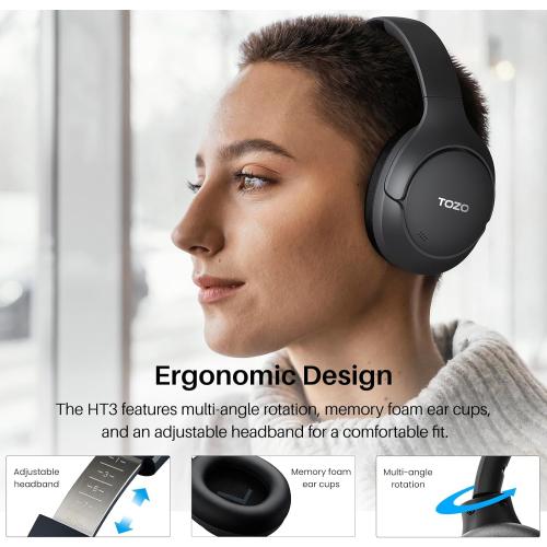 TOZO HT3 Hybrid Noise Cancelling Headphones, 90H Playtime Wireless Over Ear Bluetooth Headset, Spatial Audio AI Chat with 5 Mics, Supports Dual Connection and USB-C Input, with 32 EQ Music Modes