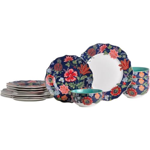 222 Fifth 12-Piece Porcelain Dinnerware Set for 4, White & Parisian Blue Plates and Bowls Set with Gold Rim, Glossy Ceramic Dish Set with Detailed Floral Design, Microwave & Dishwasher Safe, Chintz