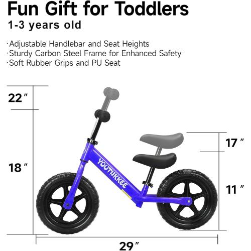 12 Inch Toddler Balance Bike for 1-3 Year Olds, No-Pedal Bike with Tool-Free Adjustable Seat, Quick Assembly, Gift for 1-3 Year Old Boys & Girls with Customizable Plate