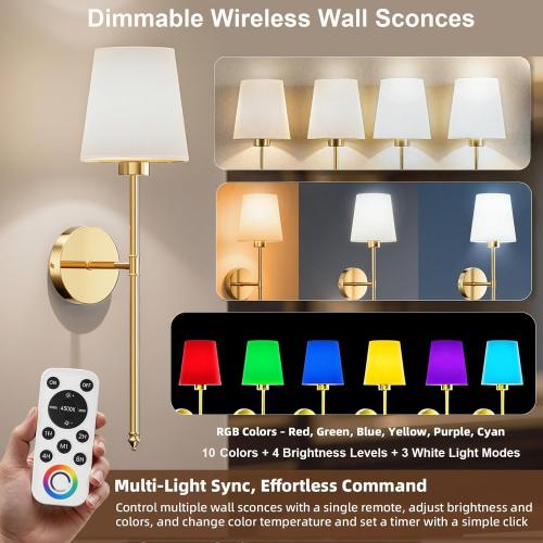 Wall Sconces Battery Operated Set of 2, Rechargeable Wall Sconce, 10 Colors Wireless Wall Sconces Set of Two, 5200mAh Dimmable Bulbs and Remote, for Bedroom Living Room, Hallway Decor (24 inch - Gold)