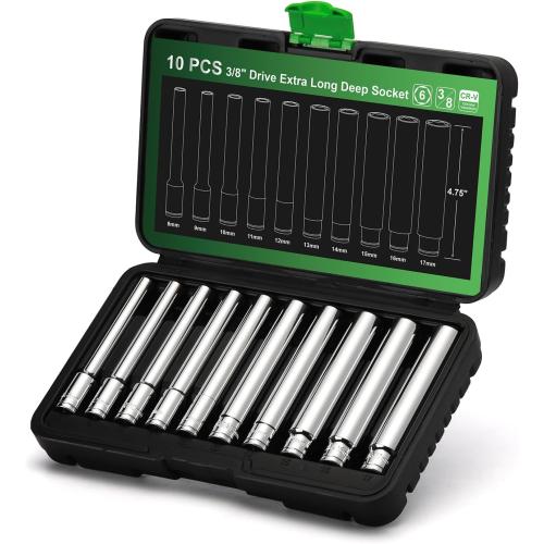TecoTek 10PCS 3/8-Inch Drive Extra Deep Metric Socket Set, 6 Point, 8mm to 17mm, No Skipped Sizes, 120MM Deep CR-V Socket for Automotive and Industrial Applications