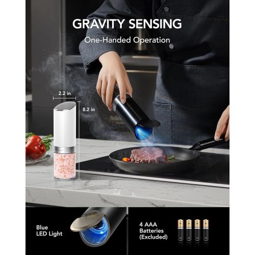 FORLIM Gravity Electric Salt and Pepper Grinder Set with Dust Cover LED Upgraded Batteries Powered Automatic Pepper Grinder Adjustable Coarseness, L Capacity for Kitchen Travel, White & Black