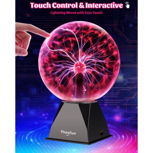 Theefun Plasma Ball 8 Inch Plasma Lamp Touch & Sound Sensitive Plasma Globe | Red Electric Lightning Novelty Light for Parties, Home, Prop, Room Decoration