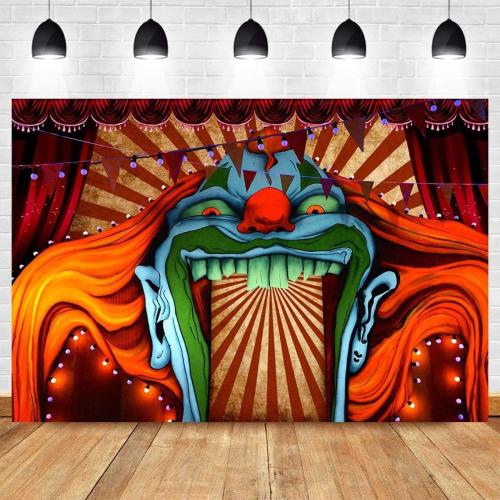 Scary Giant Clown Photography Backdrop Red White Stripe Carnival Photo Background Photo Booth Studio Props Supplies Horror Circus Haunted House 7x5ft Vinyl Halloween Party Banner Decorations