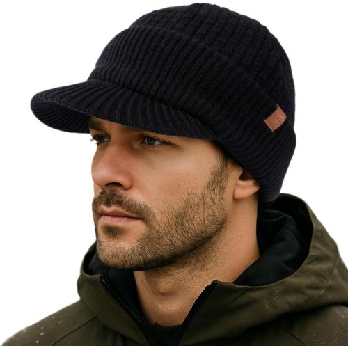 TOP-EX PolarWool™ 100% Merino Wool Winter Hat for Men Fleece Lined Visor Beanie with Brim Outdoor Knit Cap for Cold Weather