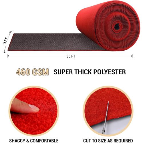 Extra Thick Red Carpet Runner for Party Felt Non-Slip Rubber Backed Aisle Runway Rug for Step, Proposal & Wedding Decorations, Hollywood Oscars Runway，Reusable (Red, 3 X 30 FT)