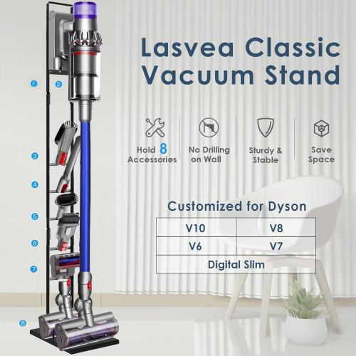 Vacuum Stand for Dyson V6, V7, V8, V10, V11, V12, V15 Cordless Cleaners - Heavy Base Metal Bracket Holder with Trigger Lock, On/Off Control Clamp, Accessory & Attachment Storage