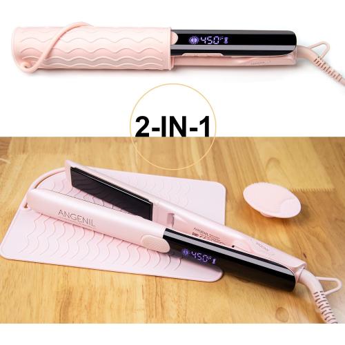 ANGENIL Pro Round Pink Dual Voltage Hair Straightener Irons, Titanium Flat Iron Hair Straightener and Curler 2 in 1 with Heat Resistant Silicone Mat, Smoothness, Large LCD Display, 20S Fast Heat Up