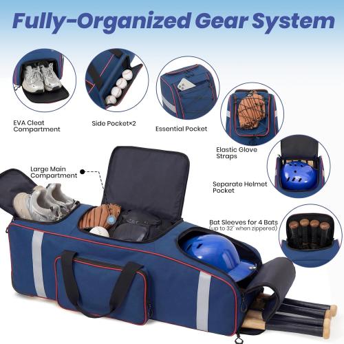 Fanwoli Rolling Baseball Bag with Wheels, Large Softball Catchers Gear Bags for 4 Bats (Fits Up To 32), Separate Shoe Compartment, Safety Reflective Strip, Fence Hook, Portable Bag for Youth & Adult