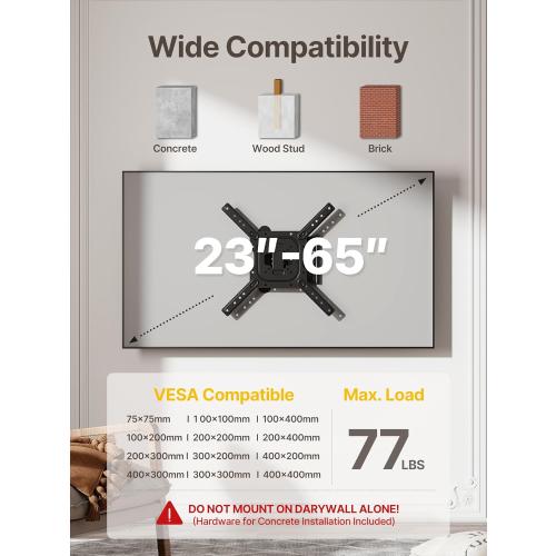 monTEK Full Motion TV Wall Mount for 23–65 Inch Flat & Curved TVs and Monitors, Swivel & Tilt Articulating Bracket, Max VESA 400x400mm, Holds up to 77 lbs, Perfect Center Design