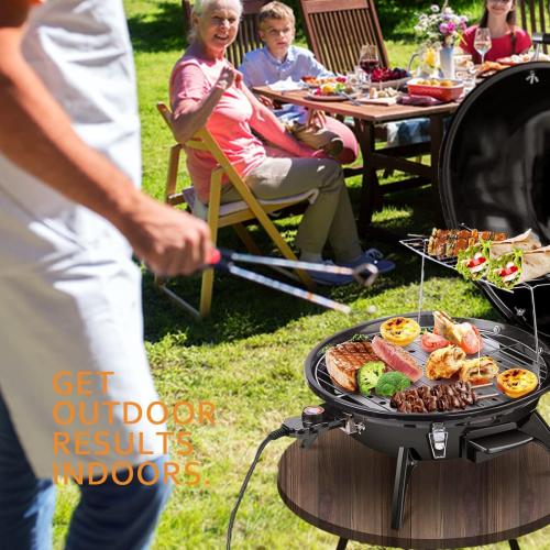 Electric BBQ Grill Techwood 15-Serving Outdoor Electric Grill for Party, Patio & Backyard, Double Layer Design, Portable Removable Stand Grill, 1600W (Countertop Black BBQ Grill)