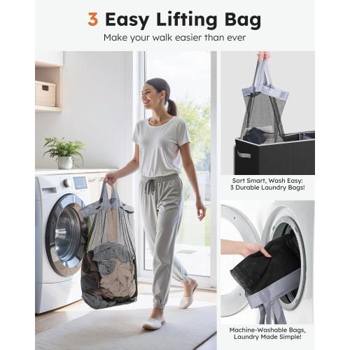 SOLEDI 180L Laundry Hamper 3 Section, Extra Large Laundry Hamper with Lid, Dirty Clothes Hamper with Sturdy Handle, Large Laundry Basket Organizer for Laundry Room, Bedroom, Hampers for Laundry