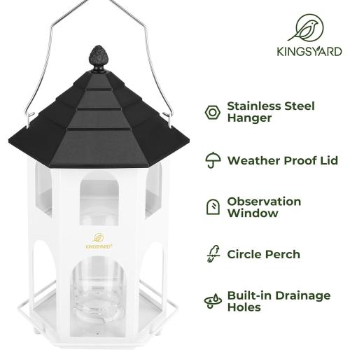 Kingsyard Metal Bird Feeder for Outdoor Hanging, Wild Bird Feeders with Circular Perch, Easy to Clean & Refill, 4 lbs Large Seed Capacity, White