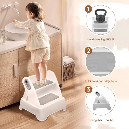 Color Grey Foldable Two Step Stool for Toddlers,Kids stools for Bathroom,Non-Slip with Handles Kids Step Stool for Bathroom Sink,Toilet Bedroom,Potty Training,Kitchen (Gray)