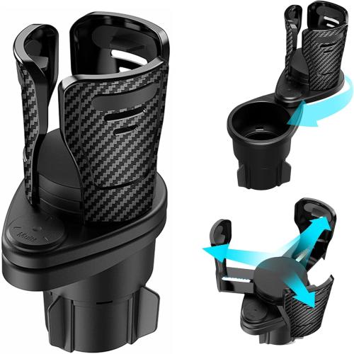 2 in 1 Cup Holder Expander for Car, Dual Car Cup Holder Expander Adapter with Adjustable Rotating Base, Multifunction Stable Cup Holders Extender Black CupHolder-CH006