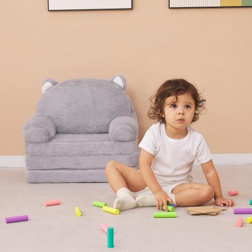 QIUODO Toddler Plush Chair with Removable Cover, Kids Sofa Bed to Lounger, Comfy Couch for Kids 18 Months and Up (Grey Kitty)