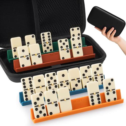 Double 6 Compact Dominos Set for Adults with 28 Tiles 1.6x0.8x0.2 Inches & 4 Silicone Domino Racks 6.3x0.67x0.7 Inches, Classic Board Games with Portable Case for Family Game Nights & Travel
