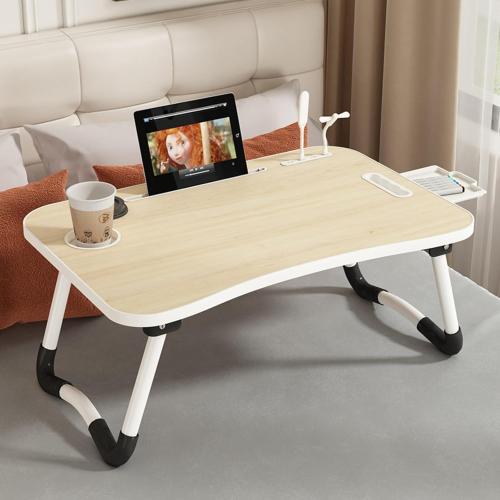 Portable Laptop Stand for Bed with Cup Holder, USB Fan, Night Light，Storage Drawer, Foldable Legs, Tablet Stand for Bed Sofa (Black Brown)