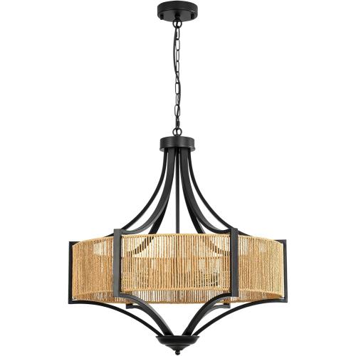24” Rattan Chandelier Light Fixture, 6-Light Large Rustic Pendant Lighting with Hand-Woven Wicker Shade and Metal Frame, Boho Black Hanging Ceiling Light for Dining Room, Living Room