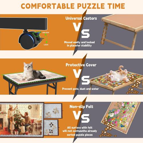 Doerpuz Puzzle Table with Folding Legs, 1500 Pieces Puzzle Table for Adults with Drawers, Cover, Wheels, 5 Adjustable Up Angles Wooden Jigsaw Puzzle Board for All Ages