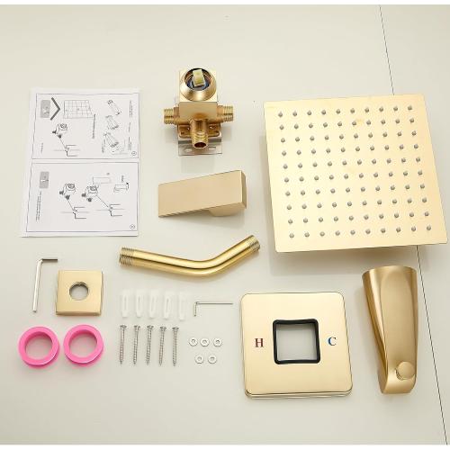 GGStudy Shower Faucet Set, Brushed Gold Tub Shower Faucet with 8 Inch Square Rainfall Shower Head and Tub Spout Shower Tub Faucet Set Complete Included Shower ValveTub Shower Trim Kit