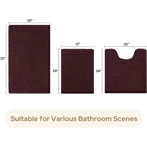 3 Pieces Bathroom Rugs, Ultra Soft Non Slip Absorbent Chenille Toilet Bath Mat Set (Brown,17x24 20x32 U Shape 20x24)