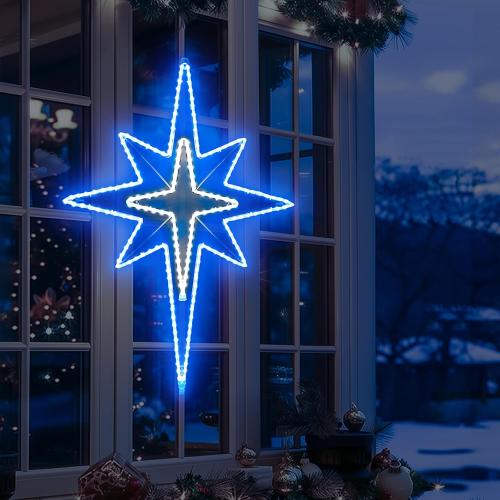 Large Bethlehem Star Motif Light 43-inch, Christmas Outdoor Decoration Waterproof LED Star Sign Super Bright, for Nativity Scenes Window Wall Front Door Roof Home Party, Blue&White
