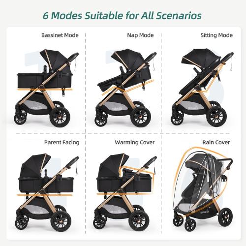 6-in-1 Convertible Baby Stroller with Bassinet Pushchair - Folding Infant Newborn Stroller w/Footmuff, Rain Cover, Cup Holder & Large Storage, Toddler w/All-Scene Large Wheels, Reversible Seat(Black)