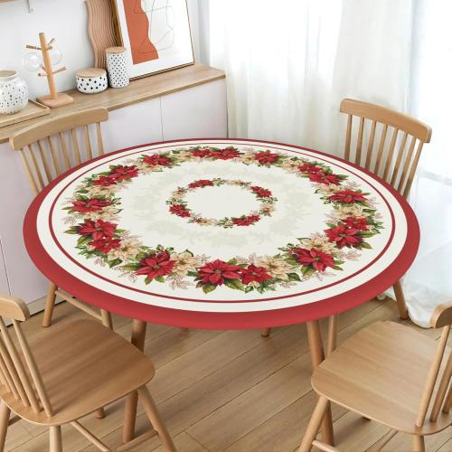 Christmas Round Fitted Tablecloth with Elastic for 40-44 Inch Tables Winter Floral Leaves Print Fitted Table Cover Waterproof Holiday Theme Farmhouse Indoor Outdoor Patio Picnic Party Decor