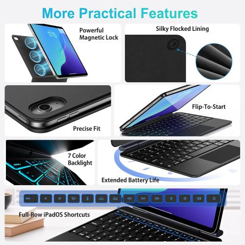 Jibrealg Magic Keyboard for iPad A16, Lightweight Keyboard Case for iPad 11th (A16 2025) & 10th Generation (2022), Ultra-Slim Smart Keyboard with Trackpad, 7 Colors Backlight, Black