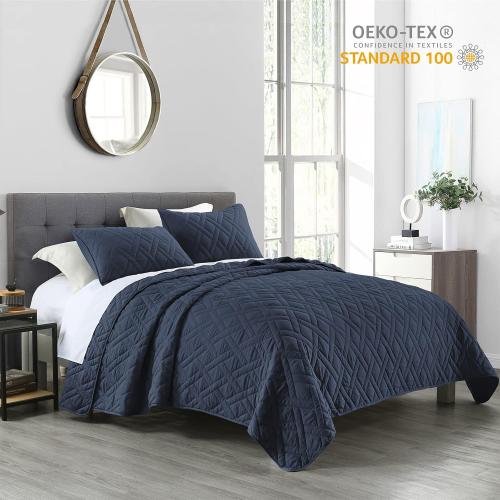 Set Queen Size Navy Blue, Classic Geometric Diamond Stitched Pattern, Ultra Soft  2 Pillow Shams