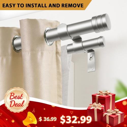 TONIAL 1 Inch Double Curtain Rods for Windows 66 to 120 Inch, Silver | Heavy Duty Dual Drapey Rod 32 to 144 Inch, Decorative Adjustable for Living Room, with Classic Finial, 33lbs Weight Capacity