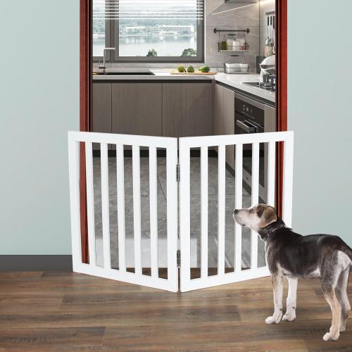 ZJSF Freestanding Indoor Dog Gate - Foldable Wood White Puppy Gate for Doorways & Stairs - 24 Height, 2 Panels