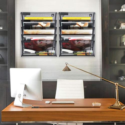 samstar 2 Pack Wall File Organizer, 6-Tier Wall Mount Paper Holder Vertical File Rack, Mesh Metal, for Office Home, Black