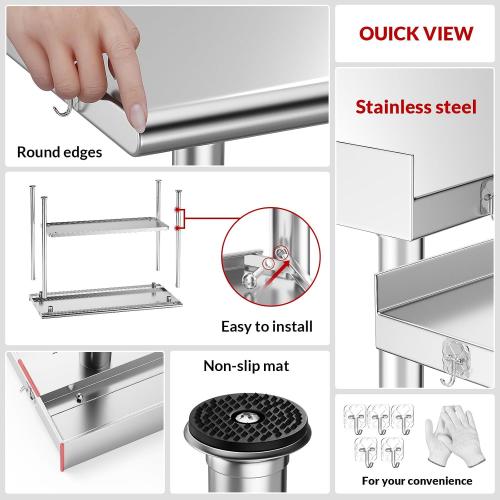 All-Stainless Steel Prep Table, 24 X 48 Inches, with Rounded-Corner Backsplash and Adjustable Undershelf, Heavy-Duty for Outdoor Use,Restaurants,Hotels,Workshops,Kitchens,Gardens, and Garages