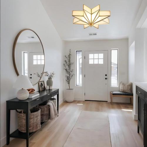 LIGHTLAND 19.7 Inch Flush Mount Star Ceiling Light, 4 Lights Brass Ceiling Lamp with Glass Lampshade, Art Deco Close to Ceiling Light Fixtures for Bedroom Living Room Entryway Hallway, Gold