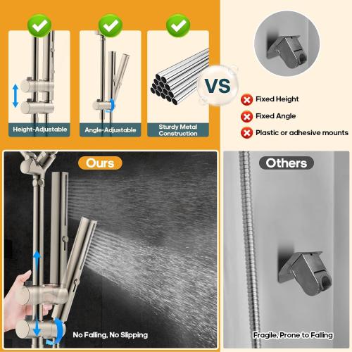 Shower Heads with Handheld Spray Combo Brushed Nickel, 10 Inch High Pressure Rain/Rainfall Shower Head, Height Adjustable Dual 2 in 1 Shower Head System with Stainless Steel Hose