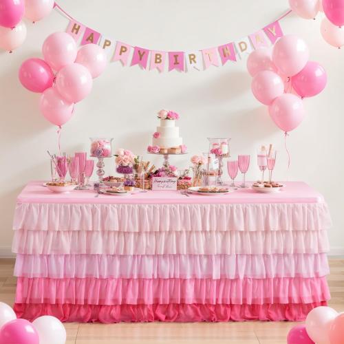 Pink Table Skirt Tutu Ruffled Tablecloth for Rectangle Table 6ft Baby Shower Gradient Pink Girls Birthday Party Unicorn Home Decor